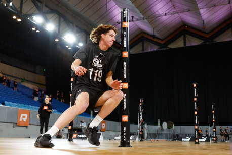 Jordan Croft, son of former Bulldog Matthew, in action at the draft combine.