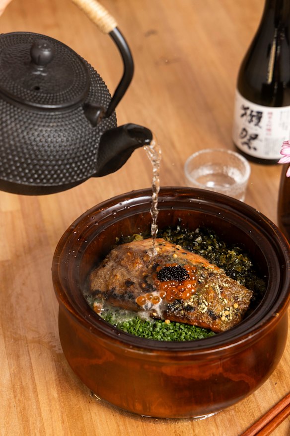 Ochazuke - genmaicha is poured over miso-glazed salmon on a bed of steamed rice.