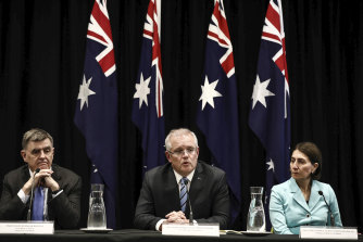 Chief Medical Officer Brendan Murphy, Prime Minister Scott Morrison and NSW Premier Gladys Berejiklian. 