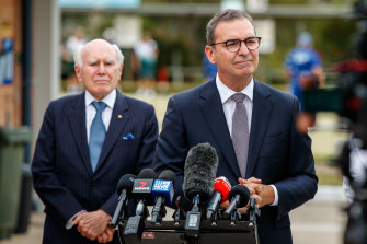 South Australian Premier Steven Marshall was joined on the campaign trail by former prime minister John Howard at the Modbury Bowling Club in Adelaide on March 16. 