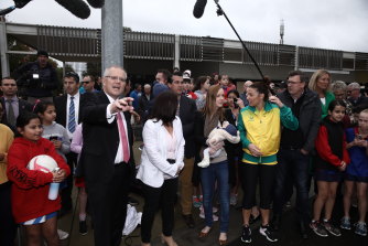 Prime Minister Scott Morrison with Michael Sukkar (centre) and then-urban infrastructure minister Alan Tudge (at right) at a campaign event in Mr Sukkar’s electorate during the 2019 federal election.