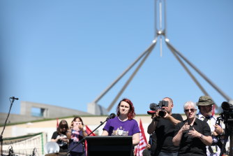 Saxon Mullins speaks at the March 4 Justice rally in Canberra in March.