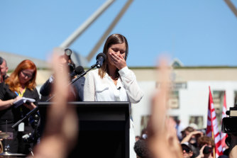 Brittany Higgins spoke at the March 4 Justice protest to rally in March 2021 against the  ongoing abuse and discrimination of women in Parliament House.