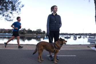 Shelley Casey and dog Hugo on the Bay Run at Lilyfield. 