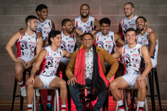 Nicky Winmar with the nine Indigenous players on St Kilda’s 2022 list.