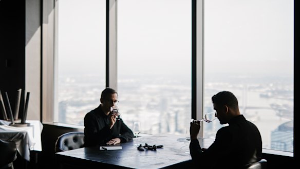 Sommeliers Dorian Guillon (left) and Carlos Santos during a wine tasting at Melbourne’s Vue de Monde restaurant, where they both work.