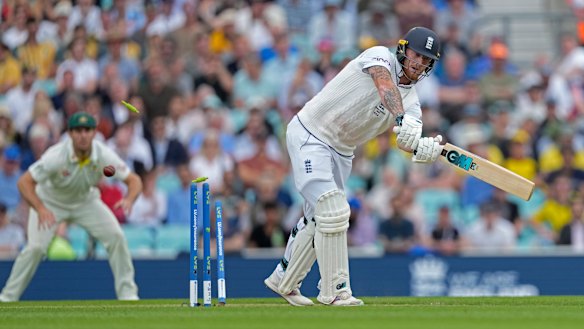 England’s captain Ben Stokes is bowled out by Mitchell Starc.