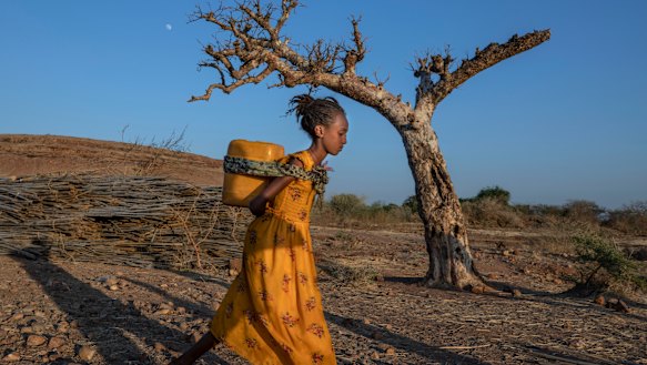 A Tigray woman who fled the conflict in Ethiopia's Tigray region, carries water on her back, at Umm Rakouba refugee camp in Qadarif, eastern Sudan.