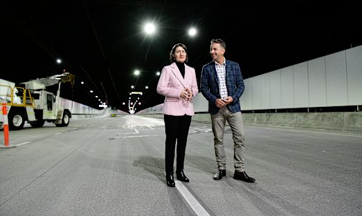 NSW Premier Gladys Berejiklian and Minister for Transport and Roads Andrew Constance inside the new M4 tunnel last year.