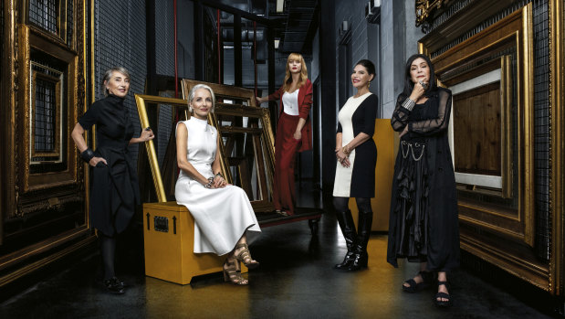 Five art-loving women who donated millions to the Sydney Modern project (from left): Anita Belgiorno-Nettis, Sam Meers, Clare Ainsworth Herschell, Gretel Packer and Gene Sherman at AGNSW's off-site storage facility.