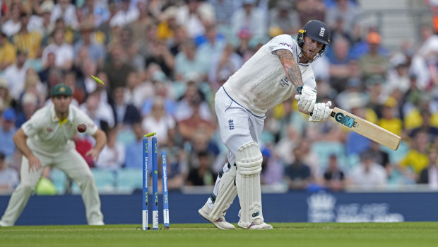 England’s captain Ben Stokes is bowled out by Mitchell Starc.