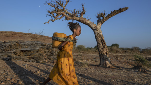 A Tigray woman who fled the conflict in Ethiopia's Tigray region, carries water on her back, at Umm Rakouba refugee camp in Qadarif, eastern Sudan.