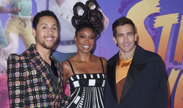 Jaboukie Young-White, from left, Gabrielle Union and Jake Gyllenhaal at the London premiere of Strange World.