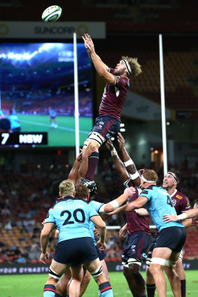 Angus Scott-Young wins the ball at a lineout against the Waratahs.