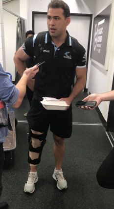 Dale Finucane had his right knee in a brace in the sheds.