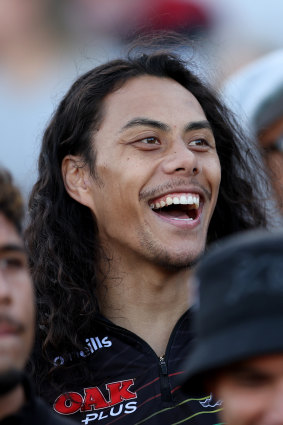 Injured Panther Jarome Luai celebrates a Penrith try.