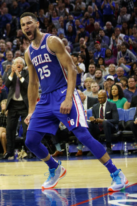 Ben Simmons reacts to a dunk in the 76ers' win over Boston.