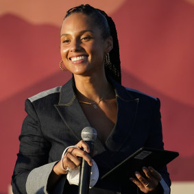 Alicia Keys speaks at a campaign event for Senator Kamala Harris on Wednesday in Phoenix. 