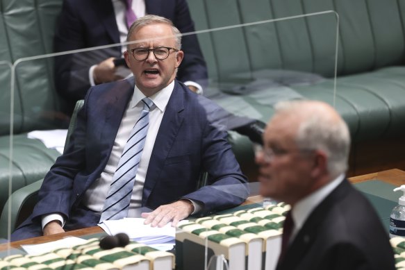 Opposition Leader Anthony Albanese and Prime Minister Scott Morrison during Question Time at Parliament House on Thursday.