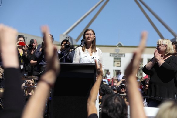Brittany Higgins speaks at the March 4 Justice protest outside of Parliament House in Canberra.