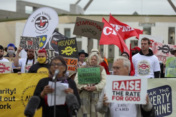 People protesting against the low rate of the JobSeeker in March. Tuesday’s budget gives a modest boost to the most needy.