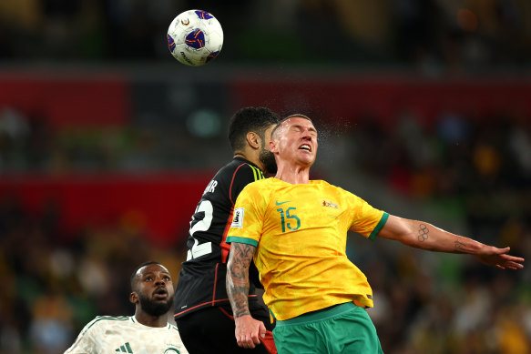 Mitch Duke puts his head on the line for the Socceroos on Thursday night.