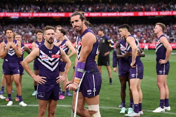 Alex Pearce was on crutches after the game.