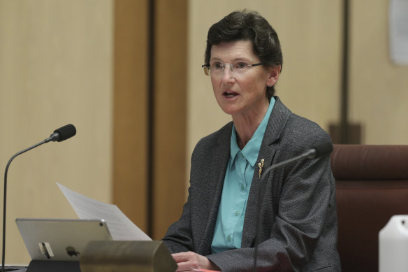 Aged Care Quality and Safety Commissioner Janet Anderson fronts a Senate hearing in 2020.