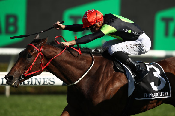 Sam Clipperton in full flight as Think About It wins The Everest.