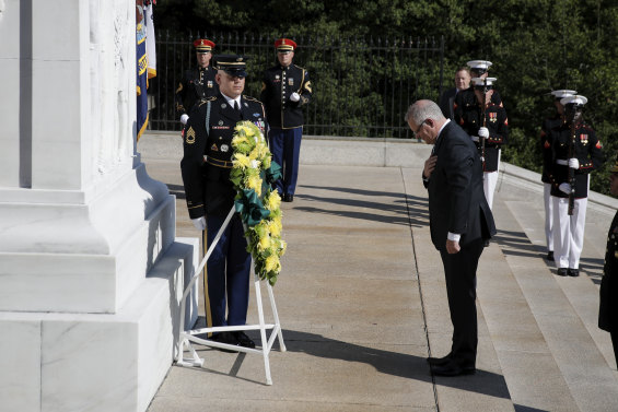 Prime Minister Scott Morrison lays a wreath at Arlington National Cemetery during his state visit to the United States.