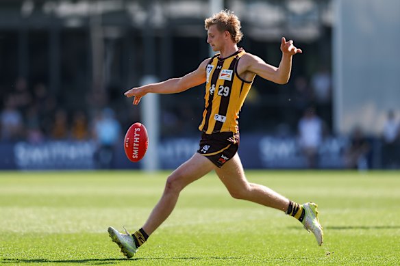 Aidan Schubert of the Hawks kicks a goal during the VFL grand final.