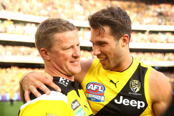 Former Tigers coach Damien Hardwick with Alex Rance.