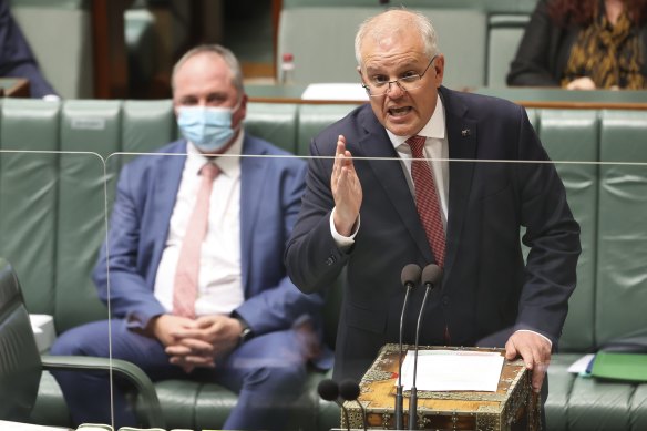 Prime Minister Scott Morrison (right) and his deputy Barnaby Joyce in Question Time on Monday.