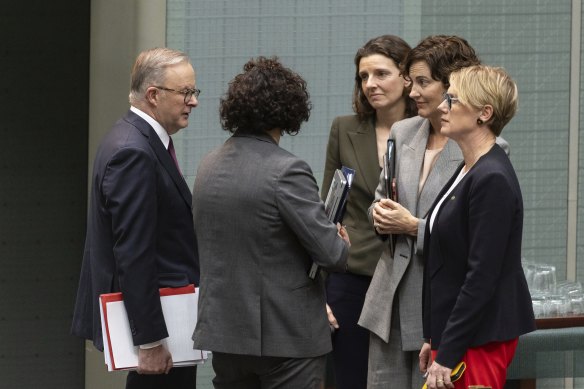 Prime Minister Anthony Albanese with independent MPs (from left) Monique Ryan, Allegra Spender, Kate Chaney and Zoe Daniel last year.