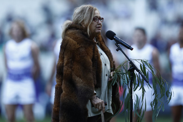 Wurundjeri elder Aunty Joy Murphy gives a Welcome to Country at an AFL match last year.