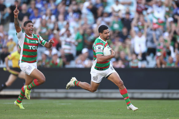 Cody Walker sprints away for one of his two tries on Friday afternoon.