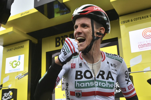 Patrick Konrad of Austria celebrates after winning the 16th stage of the Tour de France.