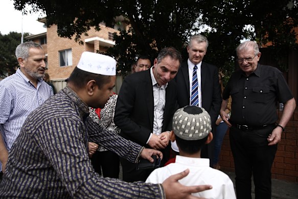 NSW Labor Minister Jihad Dib with Home Affairs Minister Tony Burke at the Lakemba Mosque in 2019. 