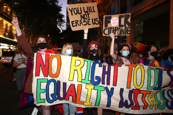 Protestors rally against the Religious Discrimination Bill in Brisbane. where Citipointe Christian College asked parents to sign an enrolment contract agreeing to students’ biological gender and denouncing homosexuality. The principal retracted the policy,  apologised and has stood aside. 