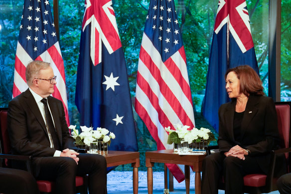 Australian Prime Minister Anthony Albanese meets with US Vice President Kamala Harris in Japan.