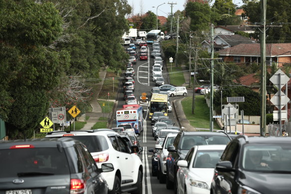 A traffic line during school pick-up around James Ruse Agricultural High School and Carlingford West Public School.