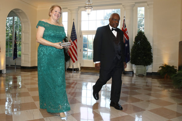 Virginia Thomas and Supreme Court Associate Justice Clarence Thomas arrive for a 2019 state dinner with Australia’s then-prime minister Scott Morrison and then-US president Donald Trump in 2019. 