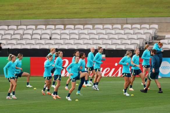 The Matildas train on Tuesday.