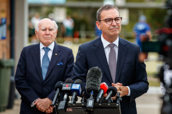 South Australian Premier Steven Marshall was joined on the campaign trail by former prime minister John Howard at the Modbury Bowling Club in Adelaide on March 16. 