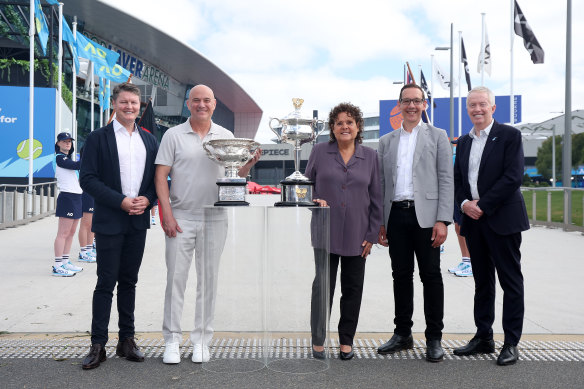 Ben Carroll, Andre Agassi, Evonne Goolagong Cawley, Steve Dimopoulos and Craig Tiley at Sunday’s trophy arrival ceremony.
