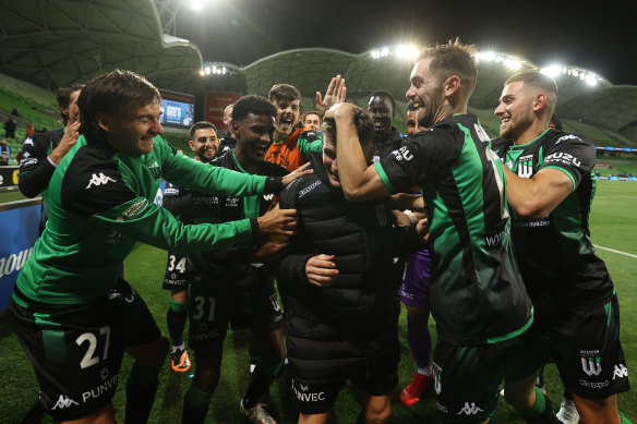 Western United celebrate victory against Melbourne City. 