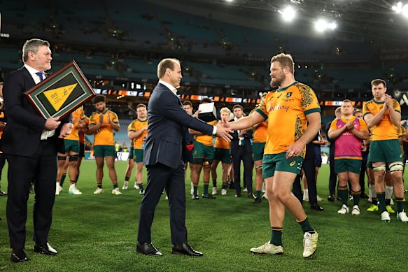 James Slipper being presented with mementoes by Phil Waugh and Daniel Herbert after his becoming the most capped Wallaby in 2024.