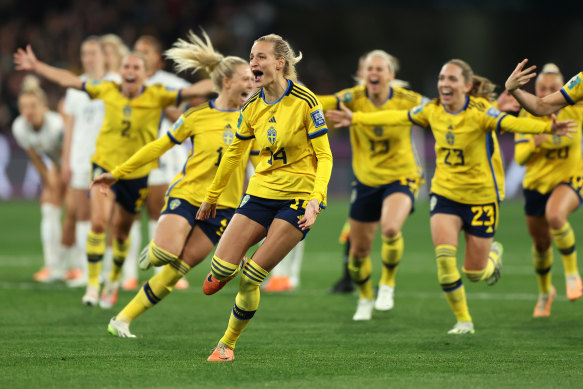 Nathalie Bjorn and her Sweden teammates celebrate a win for the ages.