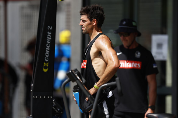 Scott Pendlebury at training on Monday. Pendlebury will have surgery in the coming days.