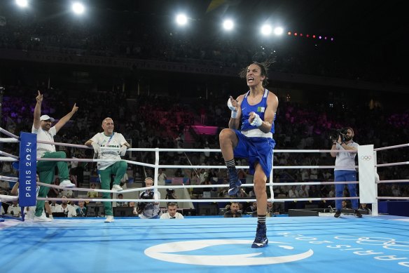 Algeria’s Imane Khelif celebrates after defeating Thailand’s Janjaem Suwannapheng in their women’s 66kg semi-final.